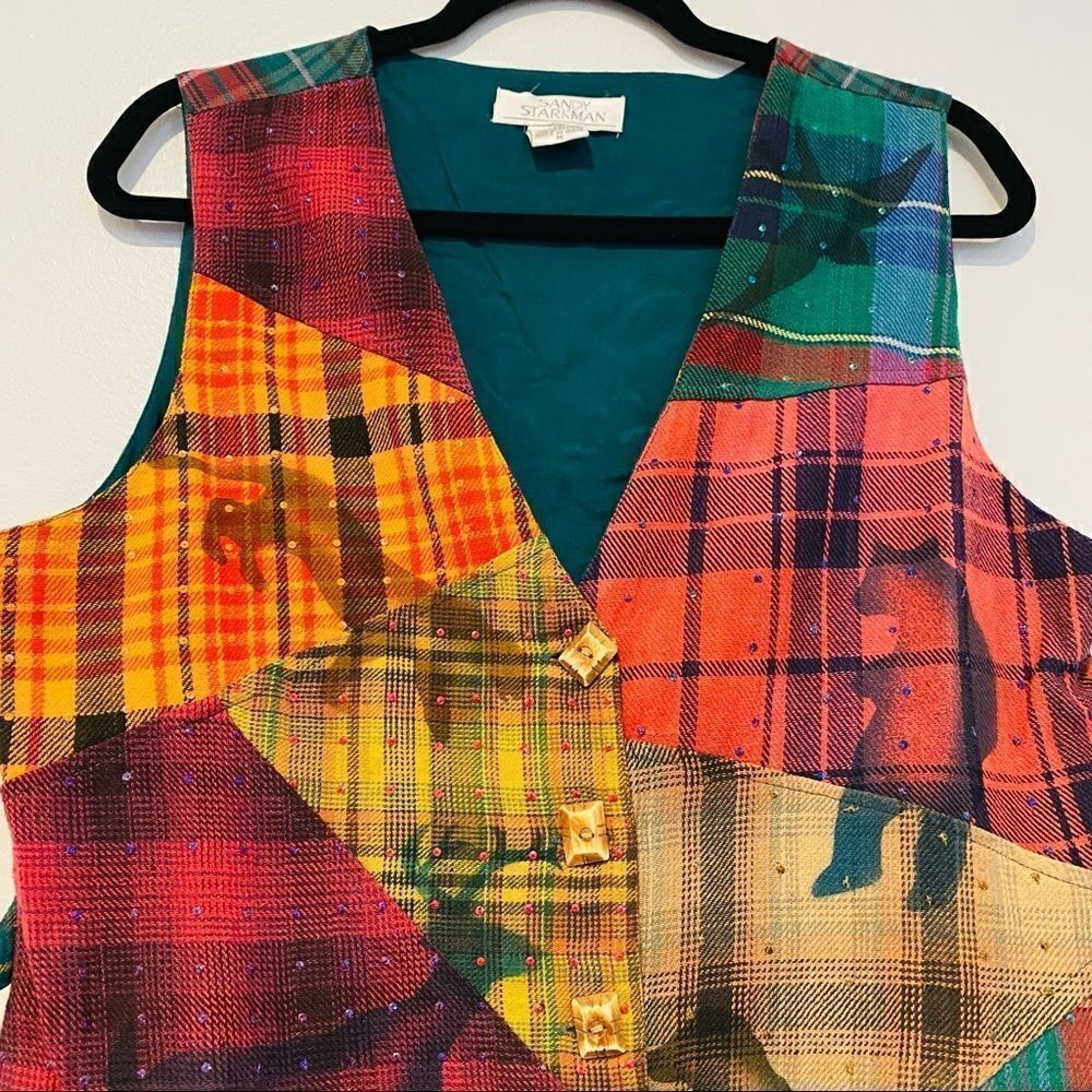 Sandy Starkman Multi Color Sequin Plaid Vest Size Medium - Picture 2 of 5